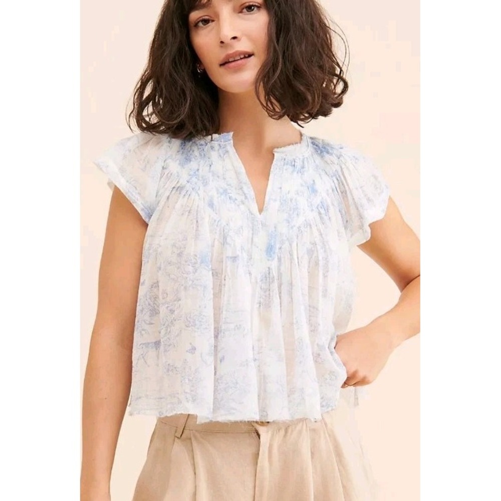 Free People FP One Padma Top Med Printed Ivory V Neck Flutter Sleeve Cropped